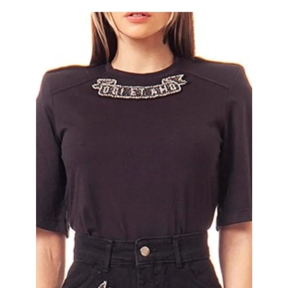 Odi et Amo Black tee shirt w crystal embellishments NWT XS